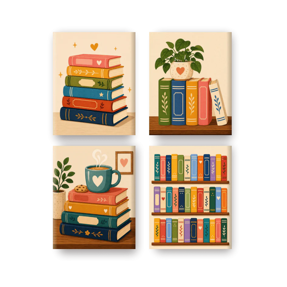 4 Mini-Gemälde | Buntes Bücher-Set