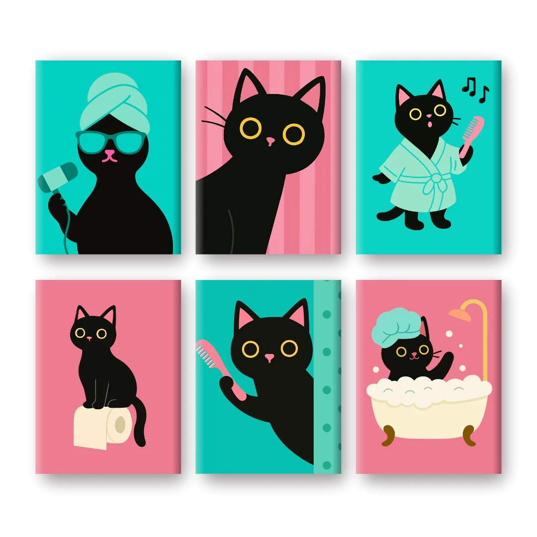 6 Mini-GemÀlde | Badezimmer-Katzen Set
