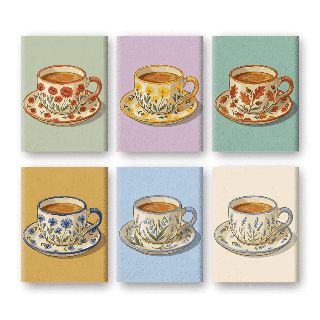 6 Mini-Gemälde | Blühende Teetassen Set