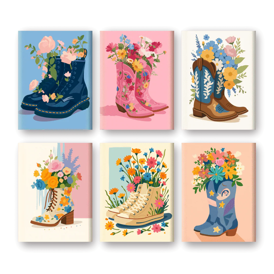6 Mini-Gemälde | Blumenstiefel Set