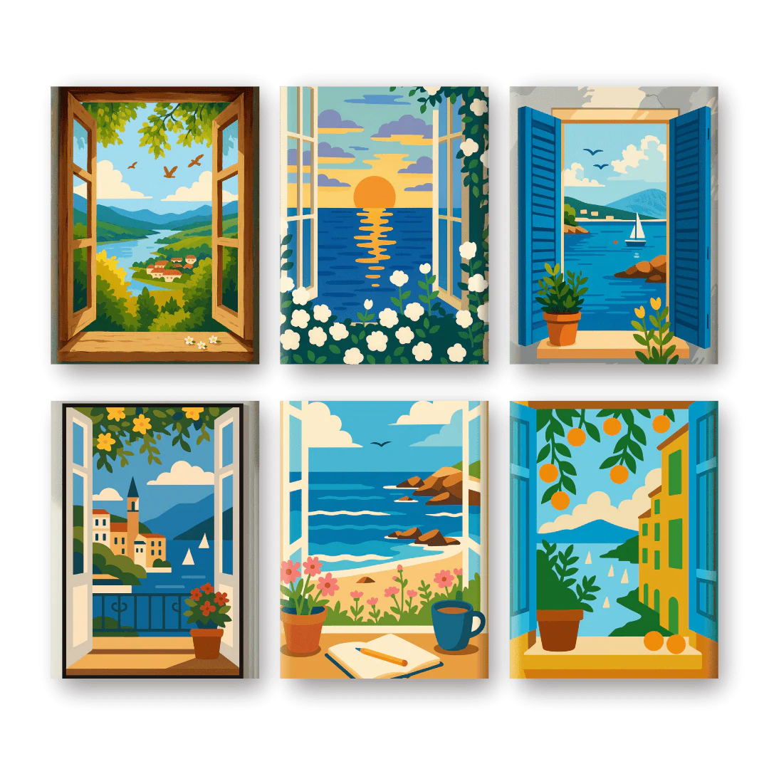 6 Mini-Gemälde | Bunte Fenster Set