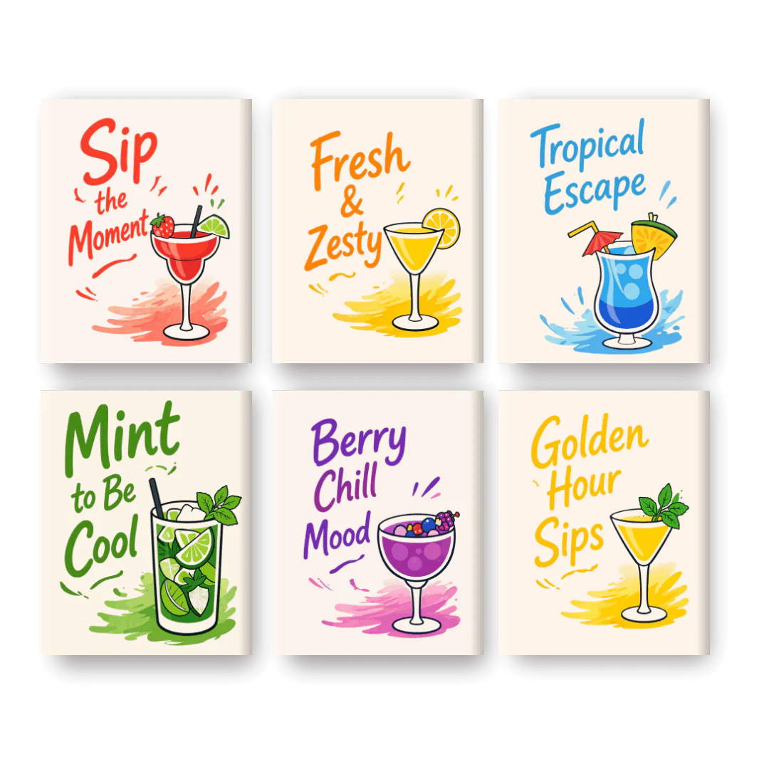 6 Mini-GemĂ€lde | Cocktail SprĂŒche Set