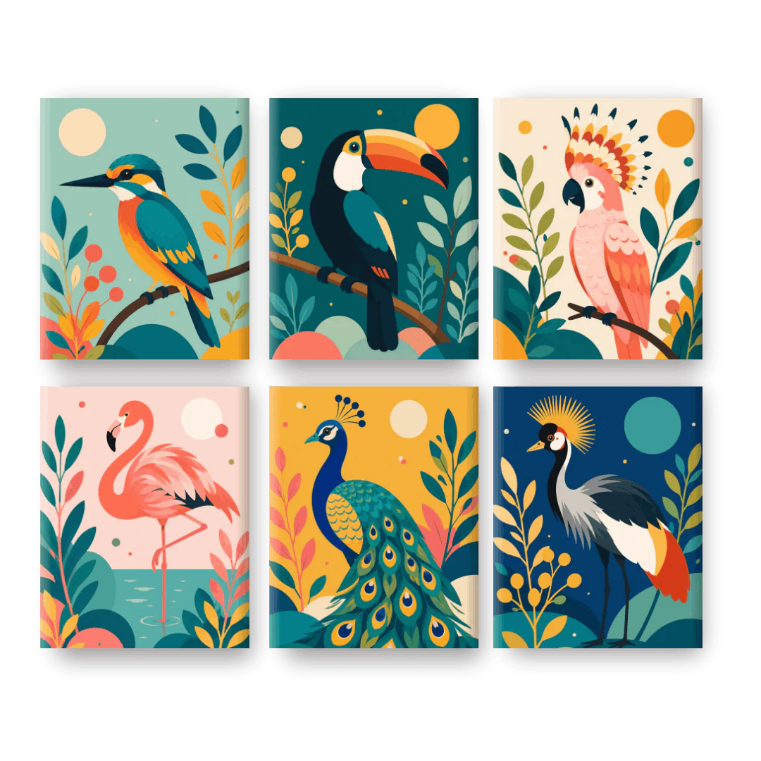 6 Mini-Gemälde | Exotische Vögel Set