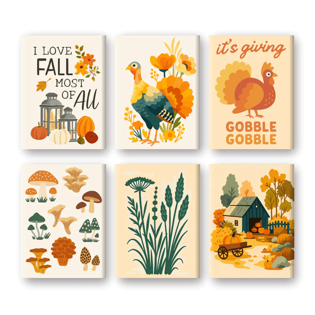 6 Mini-Gemälde | Herbst & Truthähne-Set