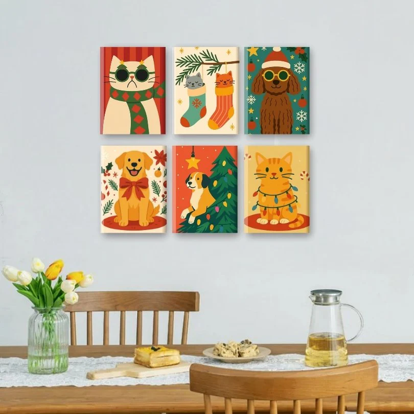 6 Mini-Gemälde | Katzen und Hunde Weihnachts Set - Image 2