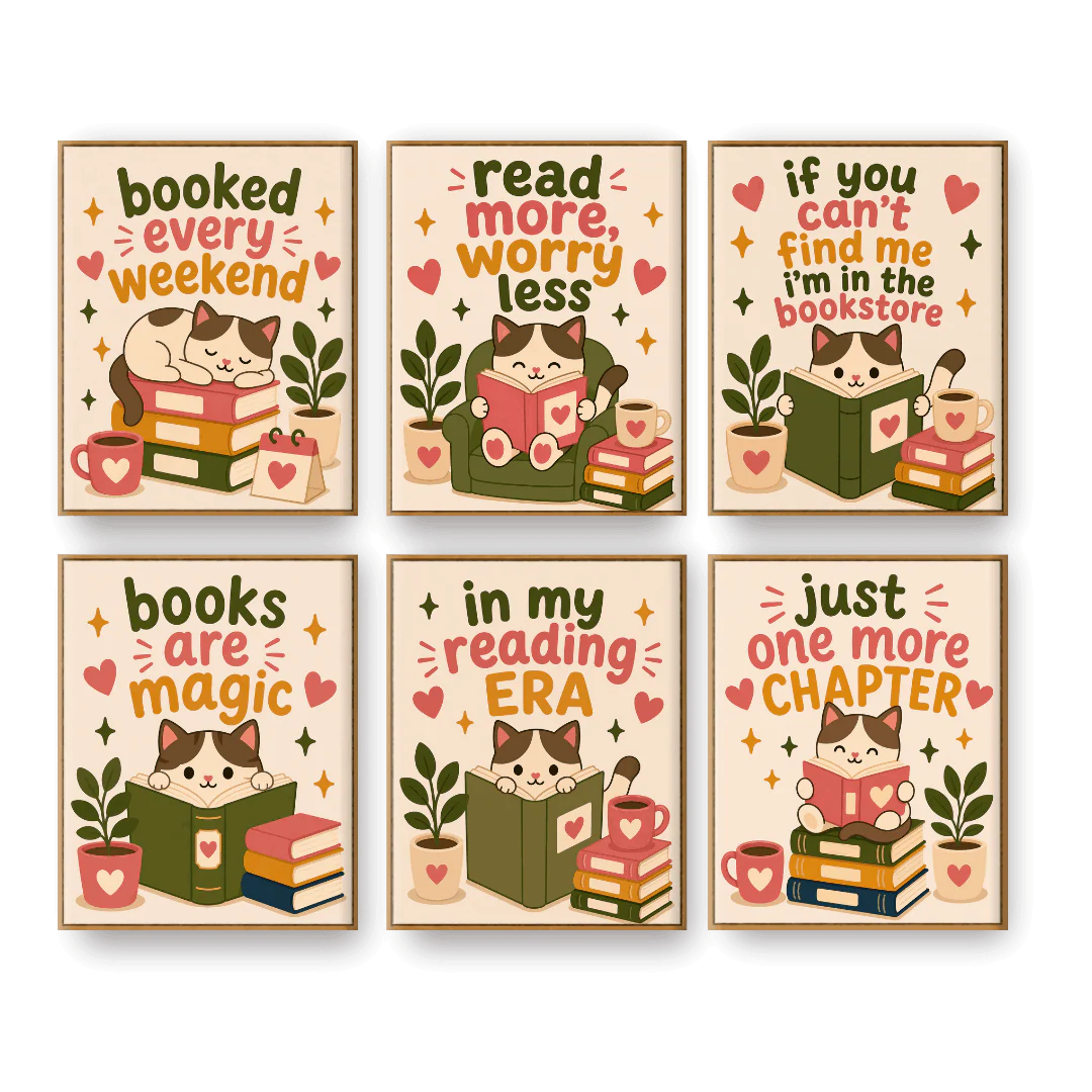 6 Mini-GemÀlde | Lesende Katze Set