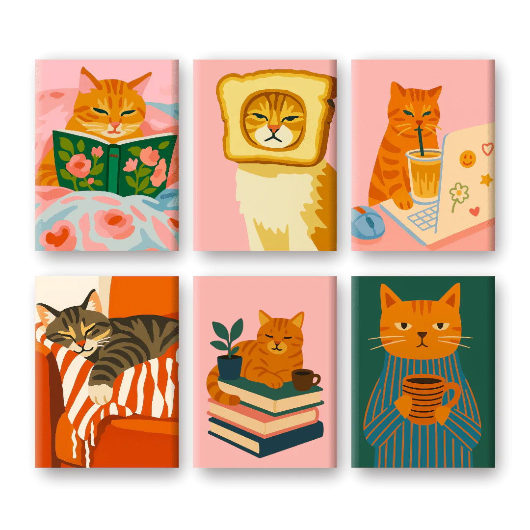 6 Mini-GemĂ€lde | MĂŒde Katzen Set
