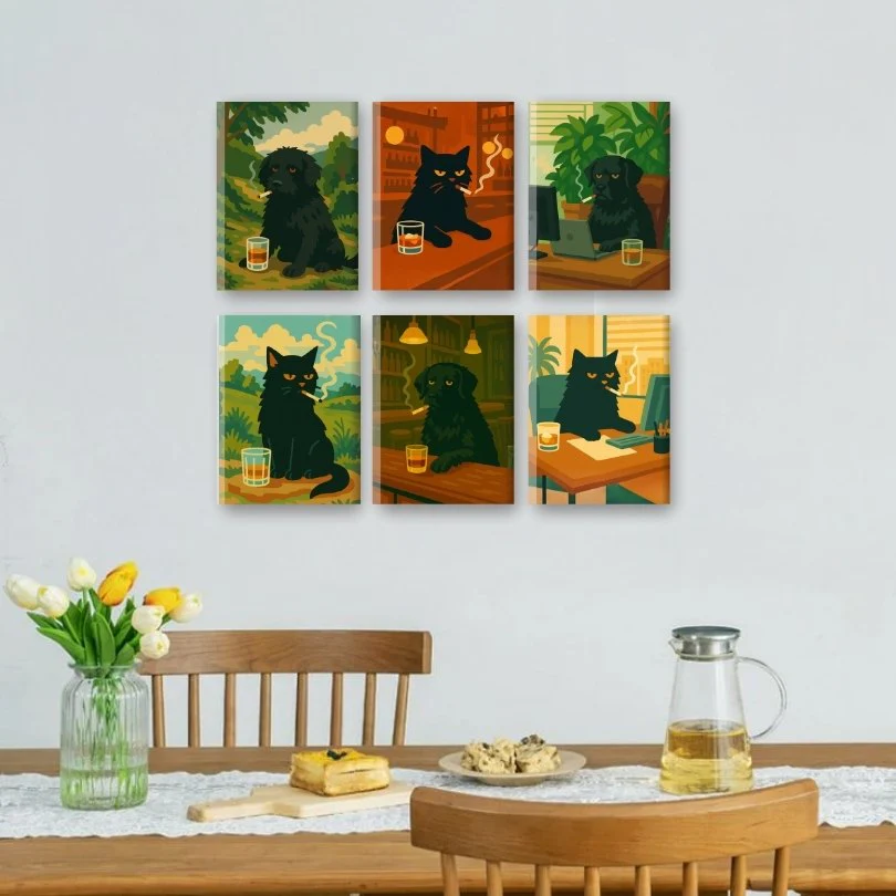 6 Mini-Gemälde | Mürrischer Hund & Katze Set - Image 2