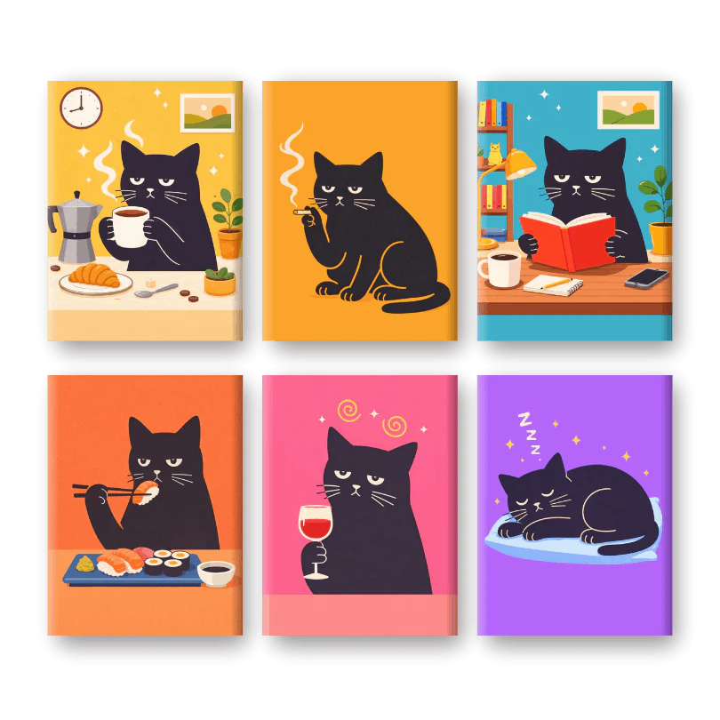 6 Mini-Gemälde | Mürrisches Katzen Set