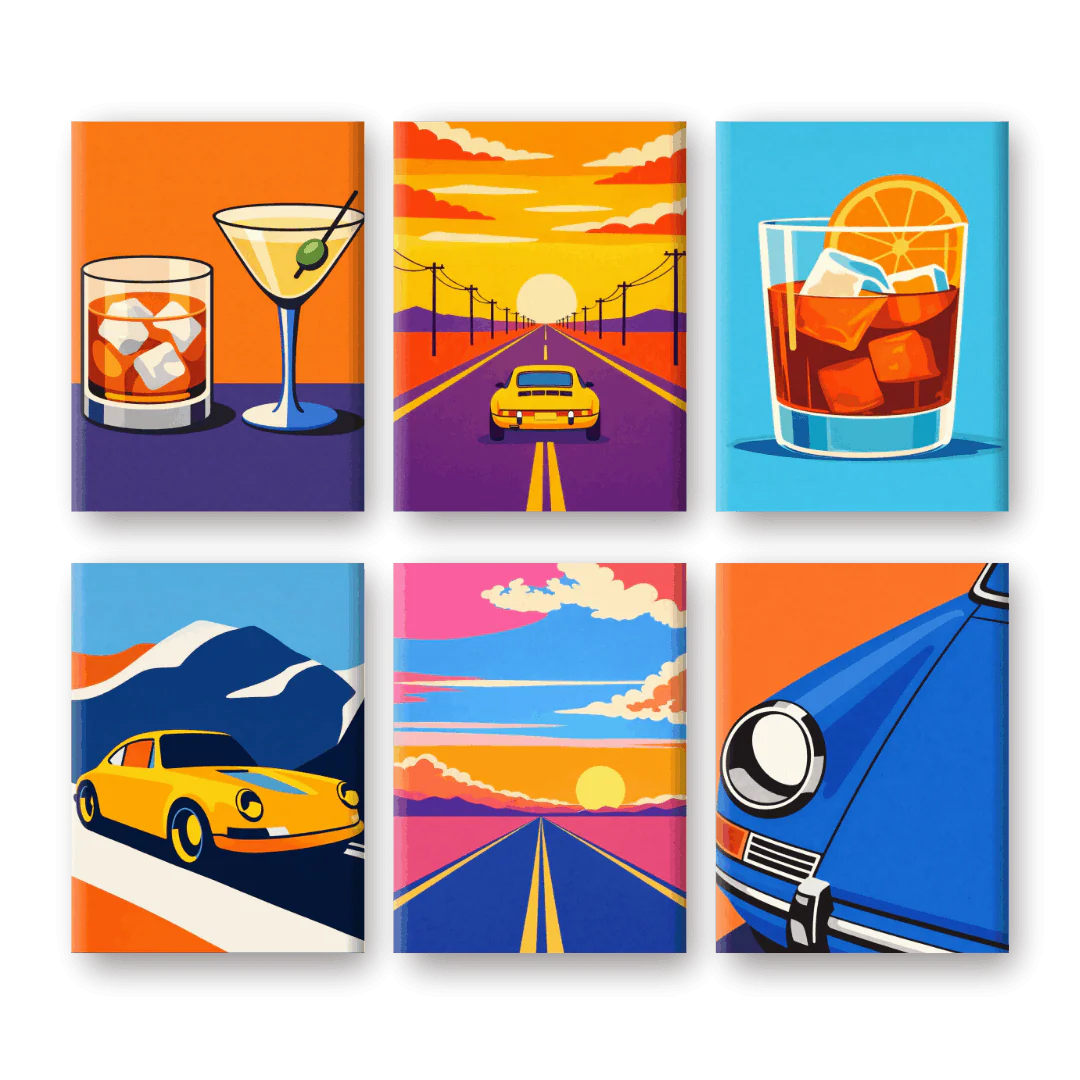 6 Mini-Gemälde | Roadtrips & Getränke Set