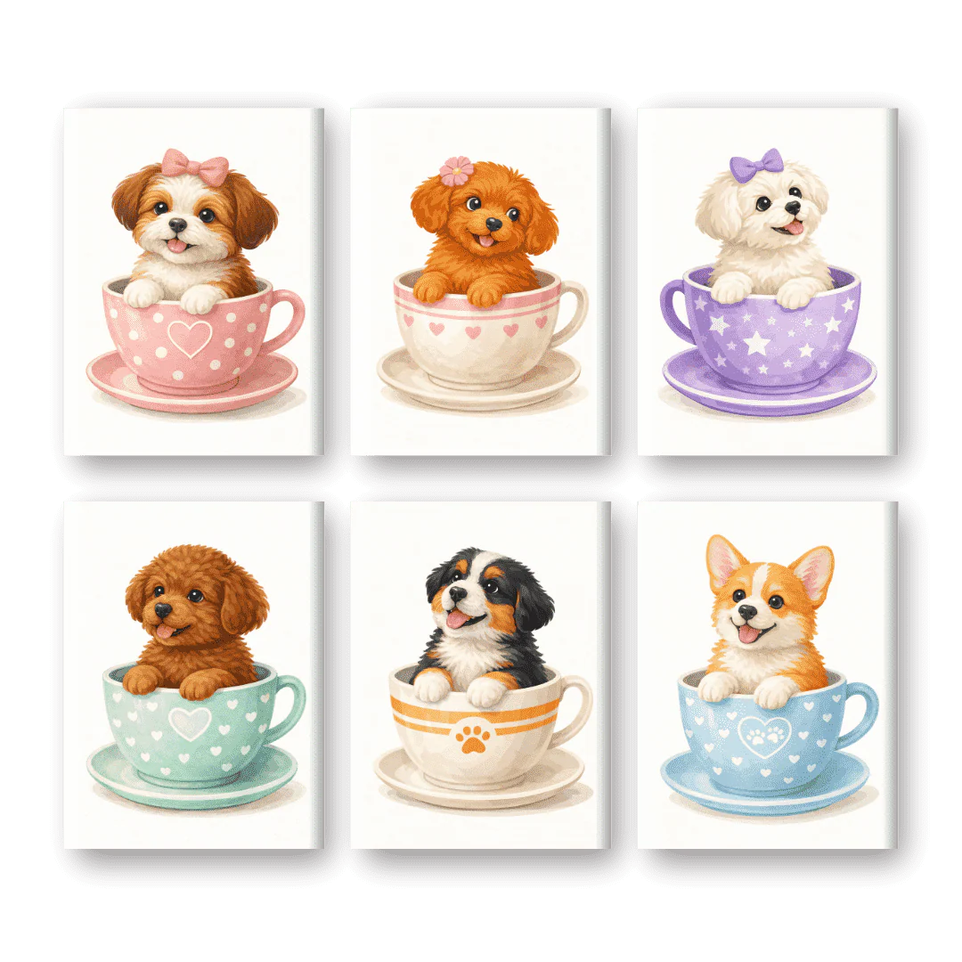 6 Mini-Gemälde | Süße Hunde in Tassen Set