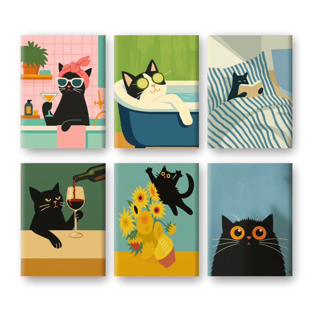 6 Mini-Gemälde | Verrückte Katzen Set