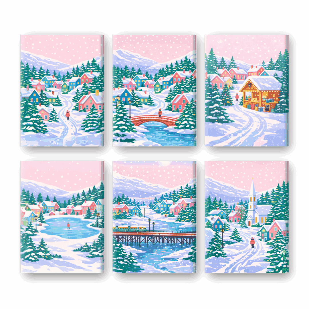 6 Mini-Gemälde | Verschneites Dorf Set