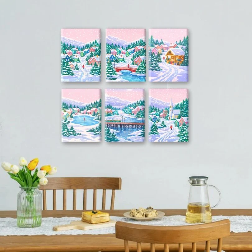6 Mini-Gemälde | Verschneites Dorf Set - Image 2