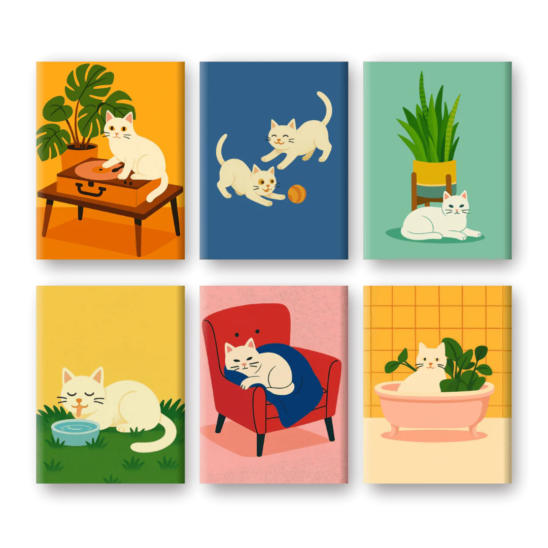 6 Mini-Gemälde | Weißes Katzen Set