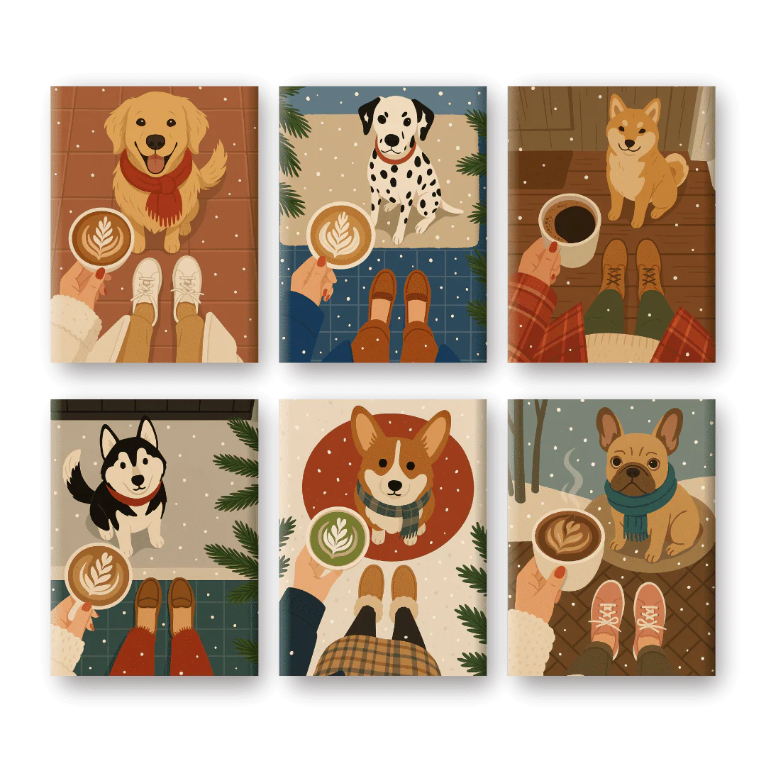 6 Mini-Gemälde | Winter Kaffee & Hunde Set