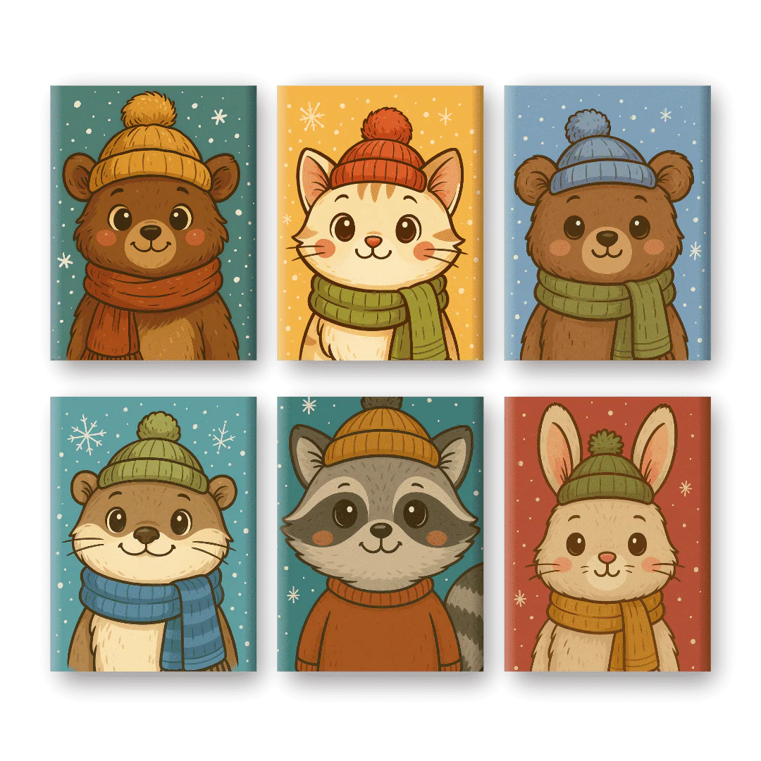 6 Mini-Gemälde | Wintertiere Set