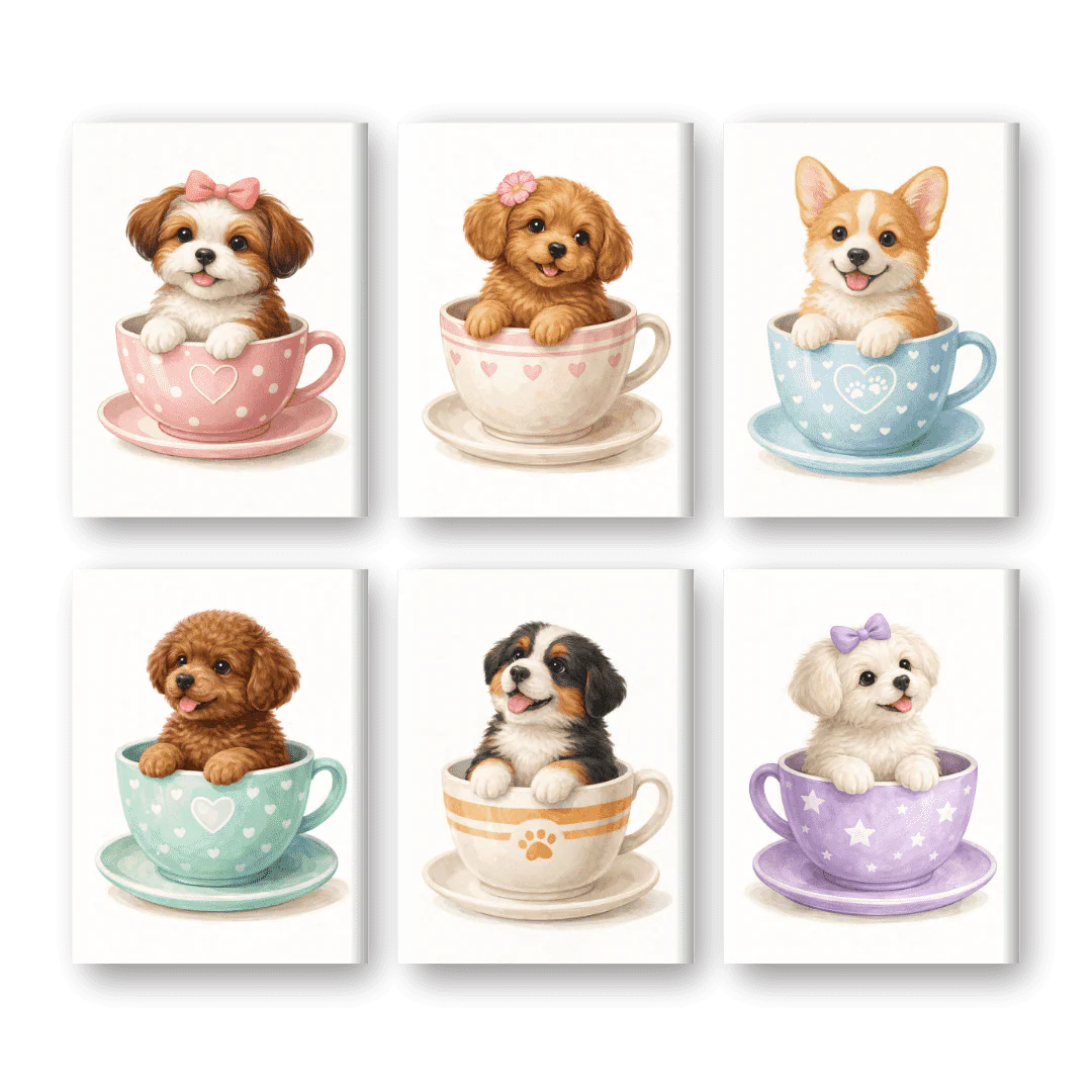 6 Mini-GemÀlde | Welpen in Tassen Set