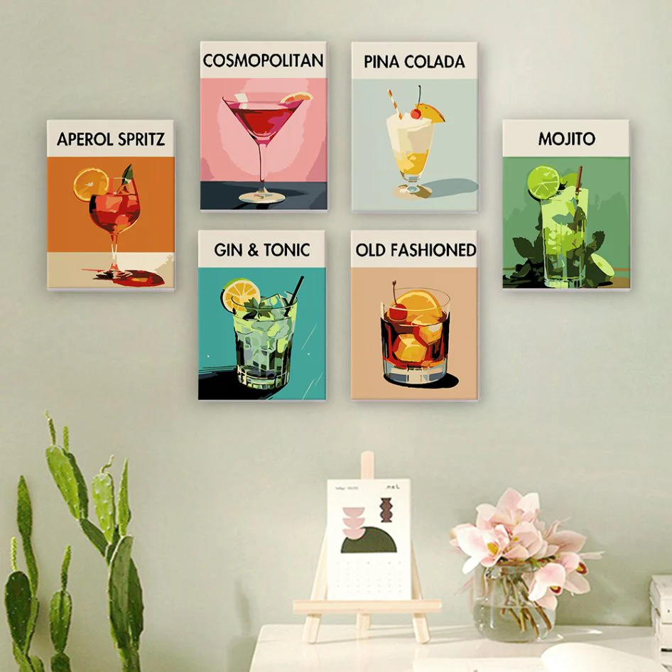 Sip & Paint Cocktail Set - 6 Mini Malen nach Zahlen + 6 Staffeleien - Image 2